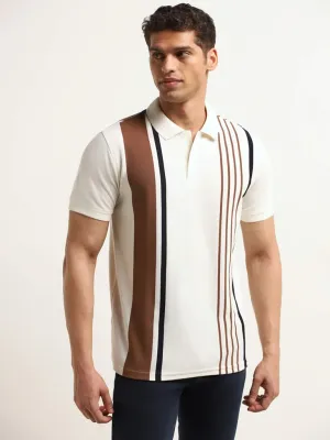 WES Casuals Cream Striped Cotton Blend Slim Fit Polo T-Shirt WES Casuals Cream Striped Cotton Blend Slim Fit Polo T-Shirt