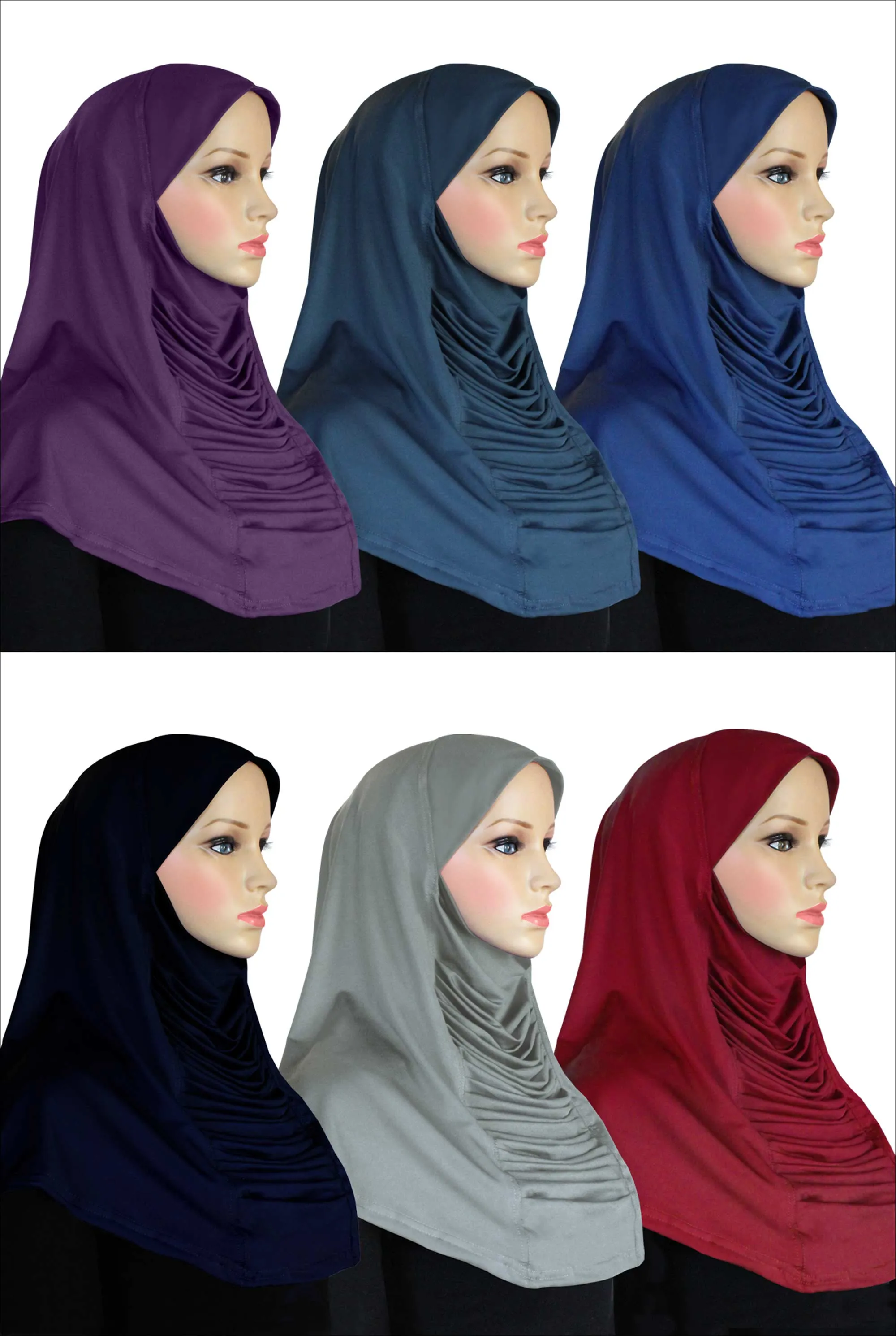 Wholesale Set of 6 Ruched Cascade Hijabs 1 piece Lycra Amira pull on Hijab