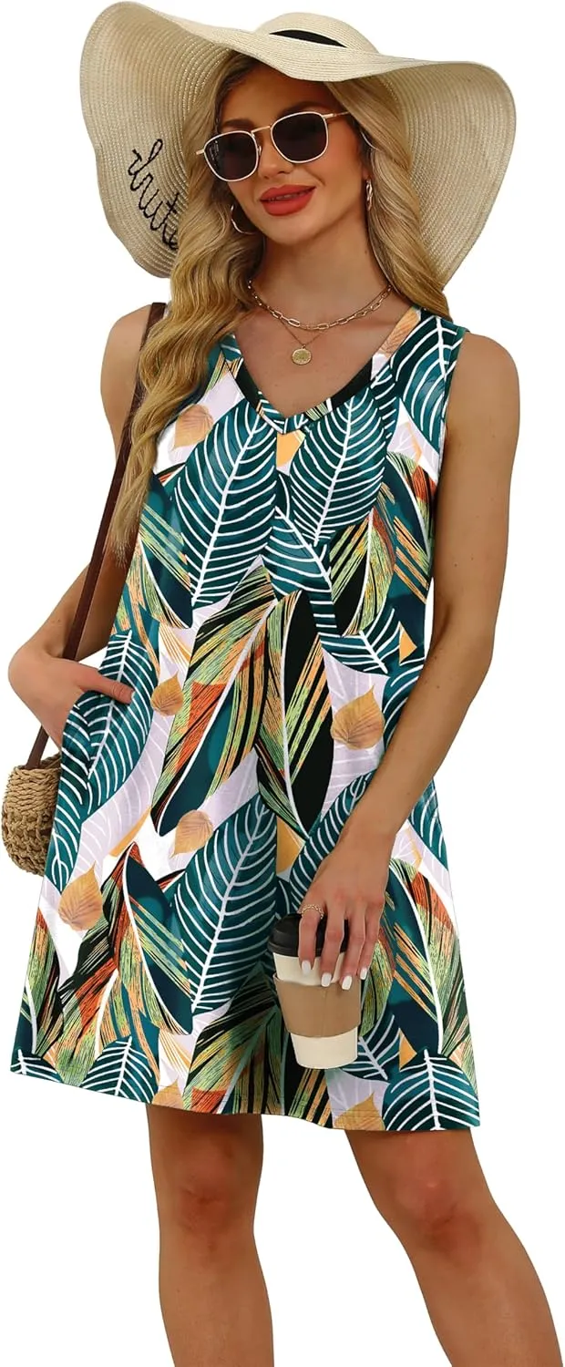 WIHOLL Womens Summer Dresses Loose Fit V Neck Sleeveless Sundresses Beach Hawaiian Dress with Pockets