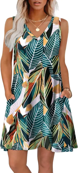 WIHOLL Womens Summer Dresses Loose Fit V Neck Sleeveless Sundresses Beach Hawaiian Dress with Pockets