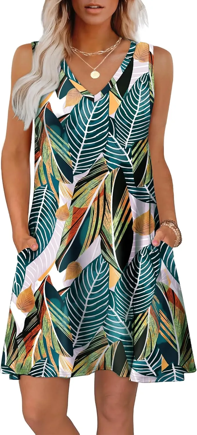 WIHOLL Womens Summer Dresses Loose Fit V Neck Sleeveless Sundresses Beach Hawaiian Dress with Pockets
