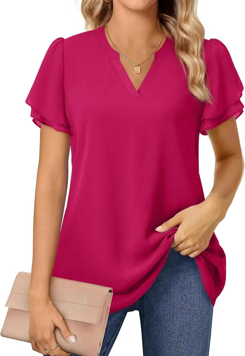 Women Tops Dressy Casual Short Sleeve Blouses Petal Ruffle Shirts V Neck Chiffon Work Business Tunic Double Layer