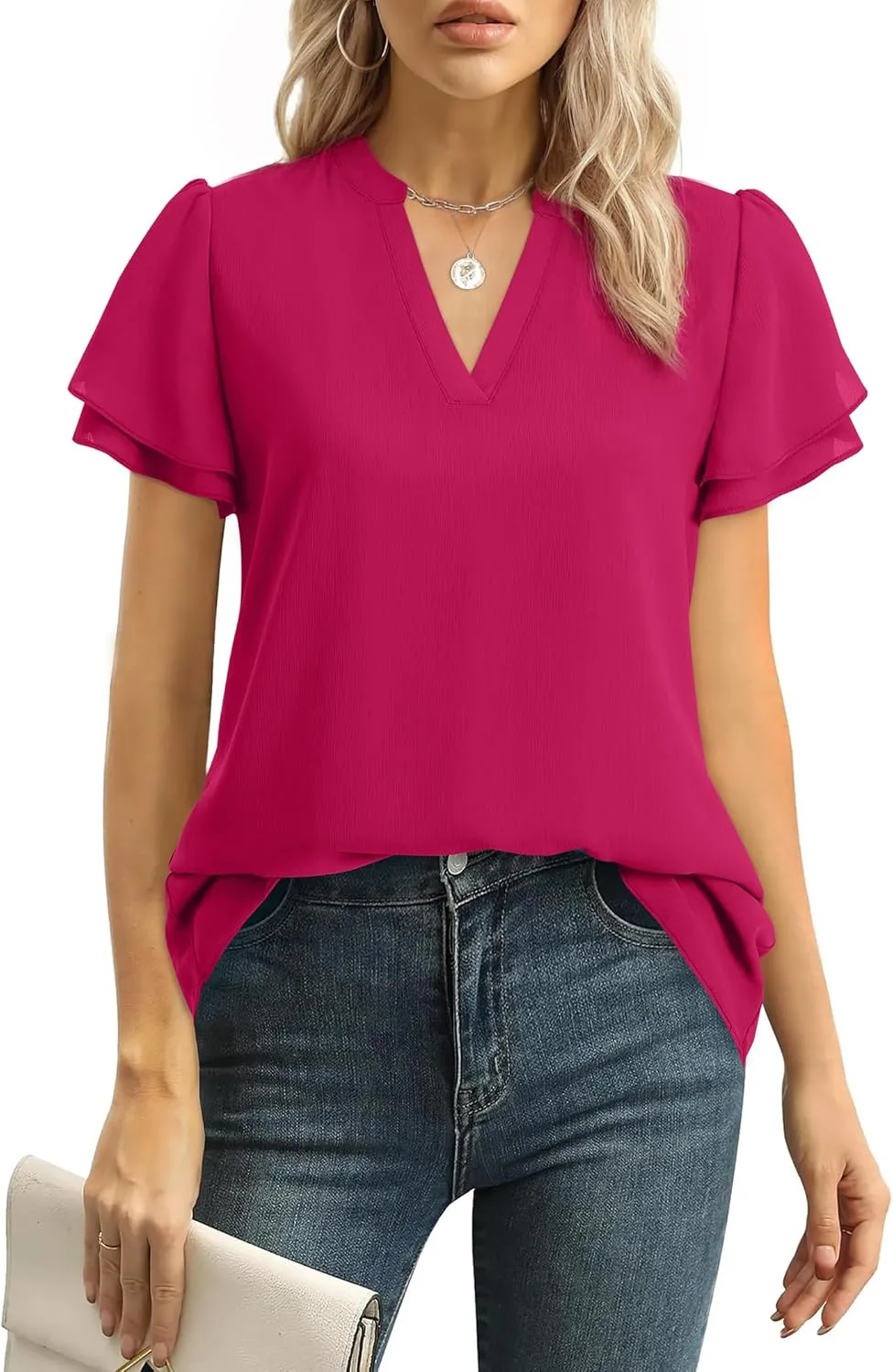 Women Tops Dressy Casual Short Sleeve Blouses Petal Ruffle Shirts V Neck Chiffon Work Business Tunic Double Layer