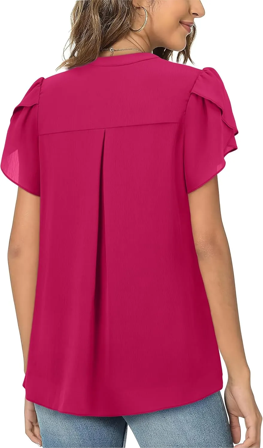 Women Tops Dressy Casual Short Sleeve Blouses Petal Ruffle Shirts V Neck Chiffon Work Business Tunic Double Layer