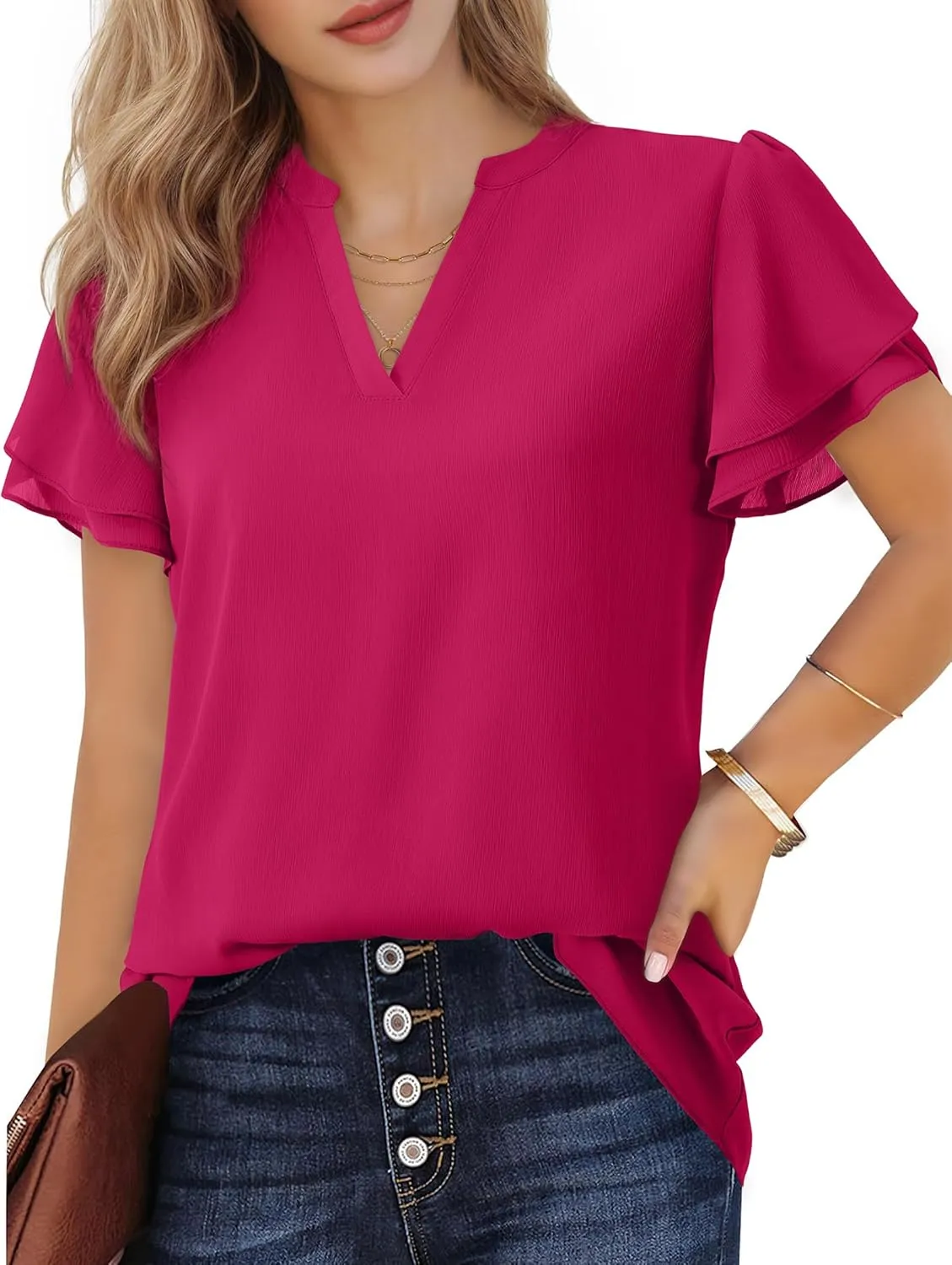 Women Tops Dressy Casual Short Sleeve Blouses Petal Ruffle Shirts V Neck Chiffon Work Business Tunic Double Layer
