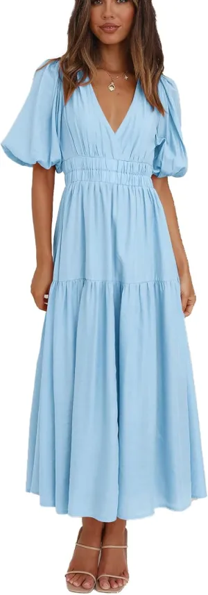 Women's Deep V-Neck Puff Short Sleeve Tiered Maxi Dress Flowy A Line Midi Dresses