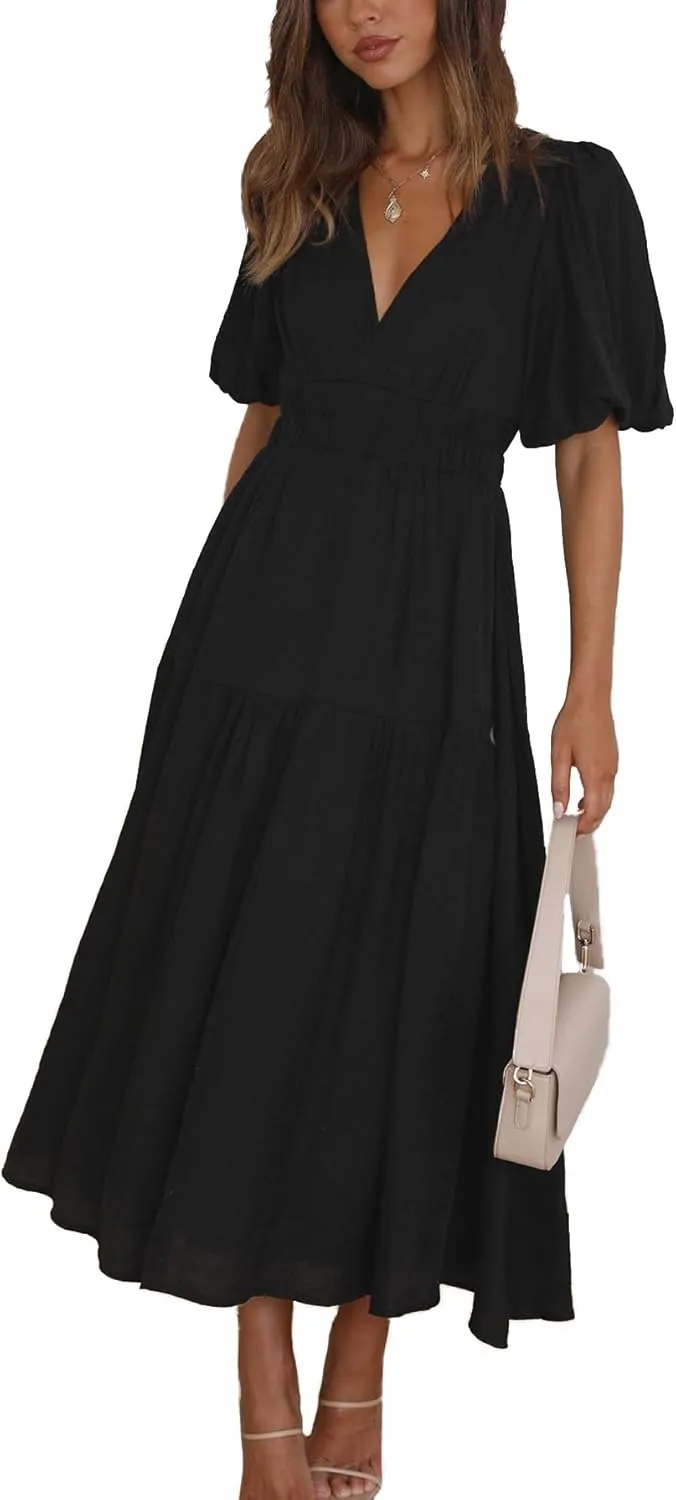 Women's Deep V-Neck Puff Short Sleeve Tiered Maxi Dress Flowy A Line Midi Dresses