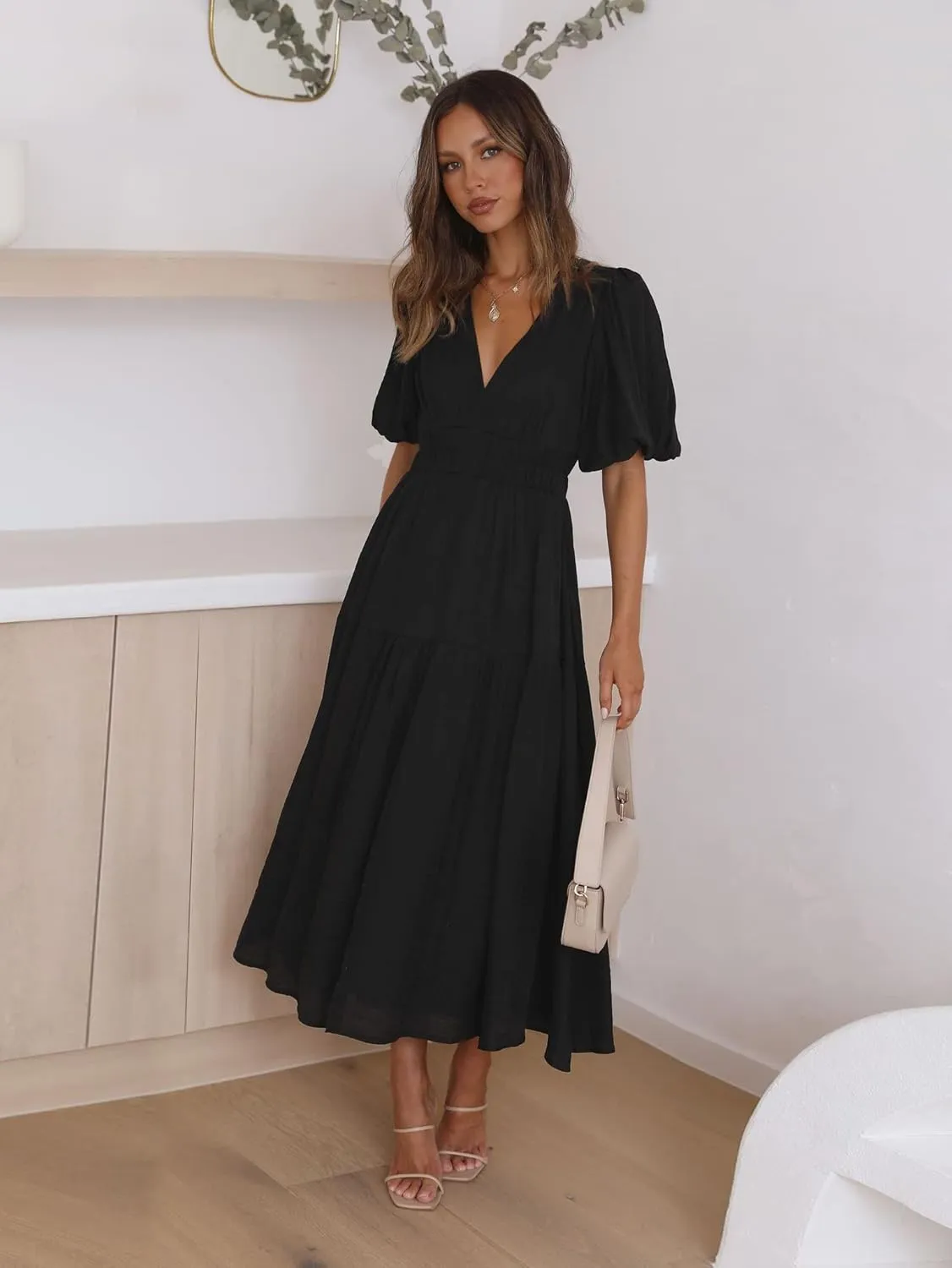 Women's Deep V-Neck Puff Short Sleeve Tiered Maxi Dress Flowy A Line Midi Dresses