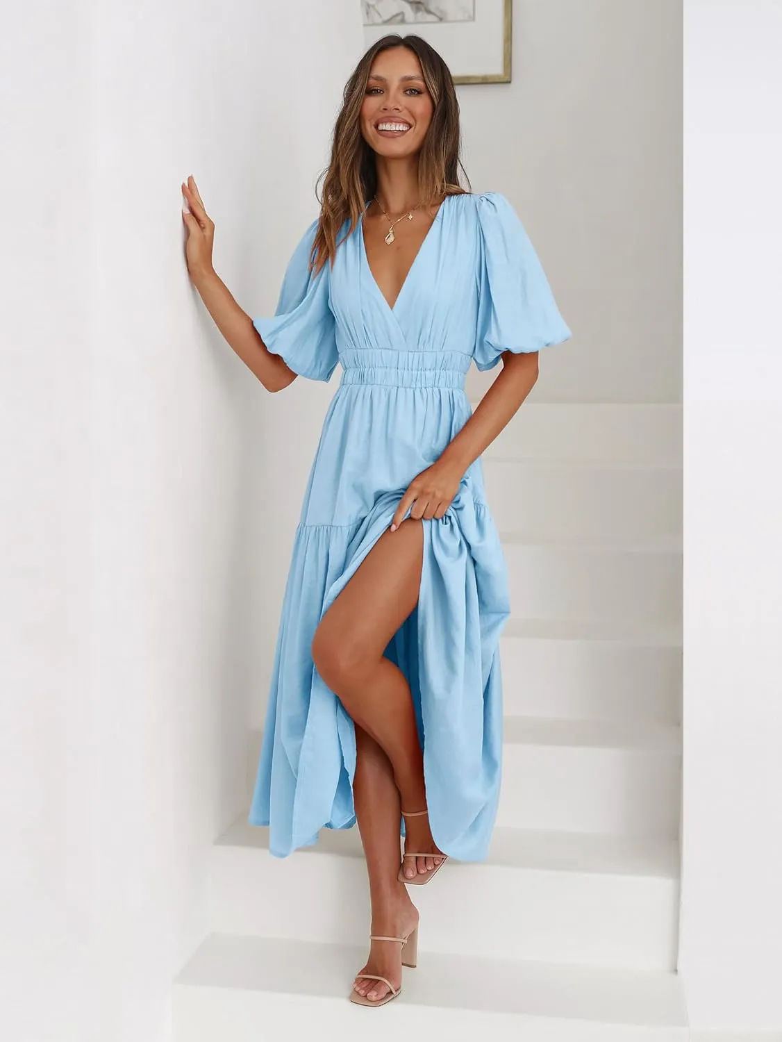 Women's Deep V-Neck Puff Short Sleeve Tiered Maxi Dress Flowy A Line Midi Dresses