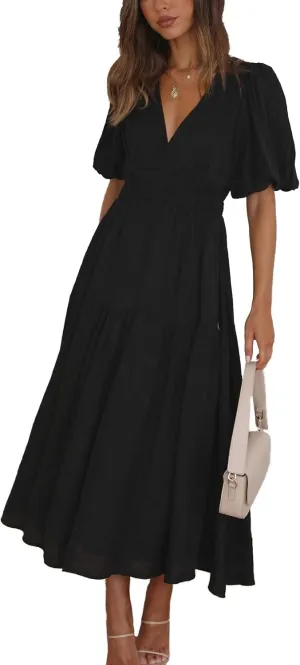Women's Deep V-Neck Puff Short Sleeve Tiered Maxi Dress Flowy A Line Midi Dresses