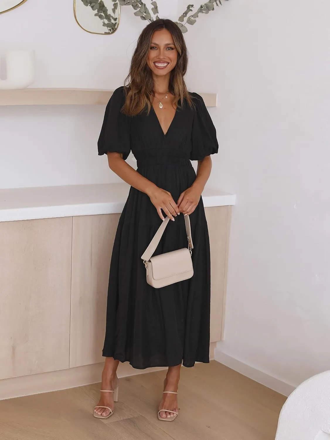 Women's Deep V-Neck Puff Short Sleeve Tiered Maxi Dress Flowy A Line Midi Dresses