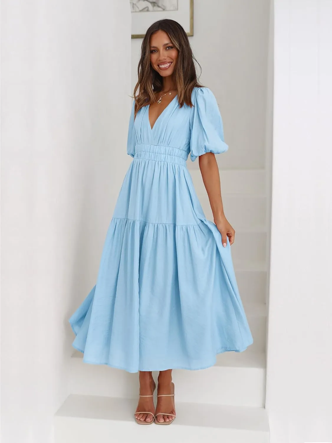 Women's Deep V-Neck Puff Short Sleeve Tiered Maxi Dress Flowy A Line Midi Dresses