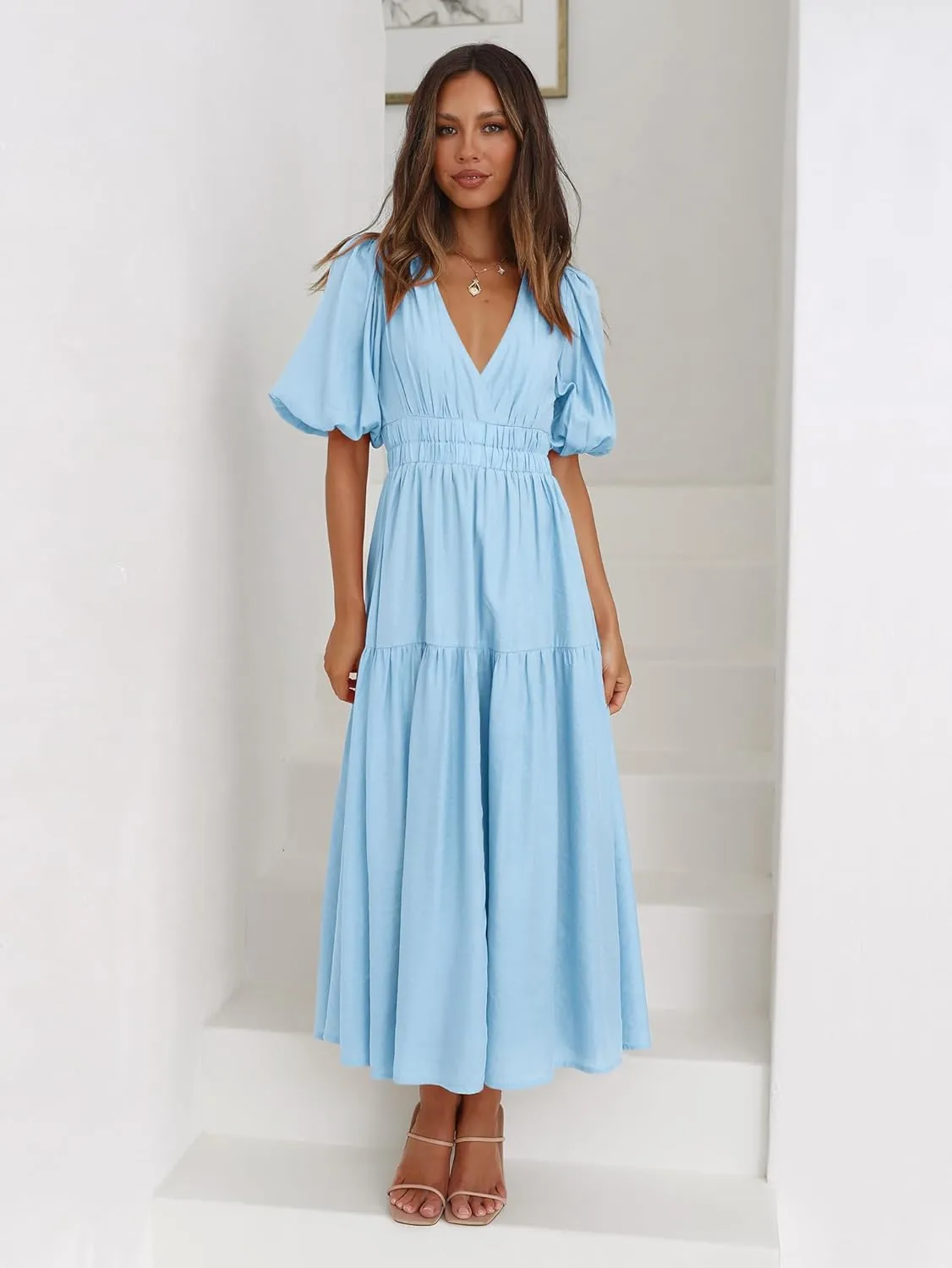 Women's Deep V-Neck Puff Short Sleeve Tiered Maxi Dress Flowy A Line Midi Dresses