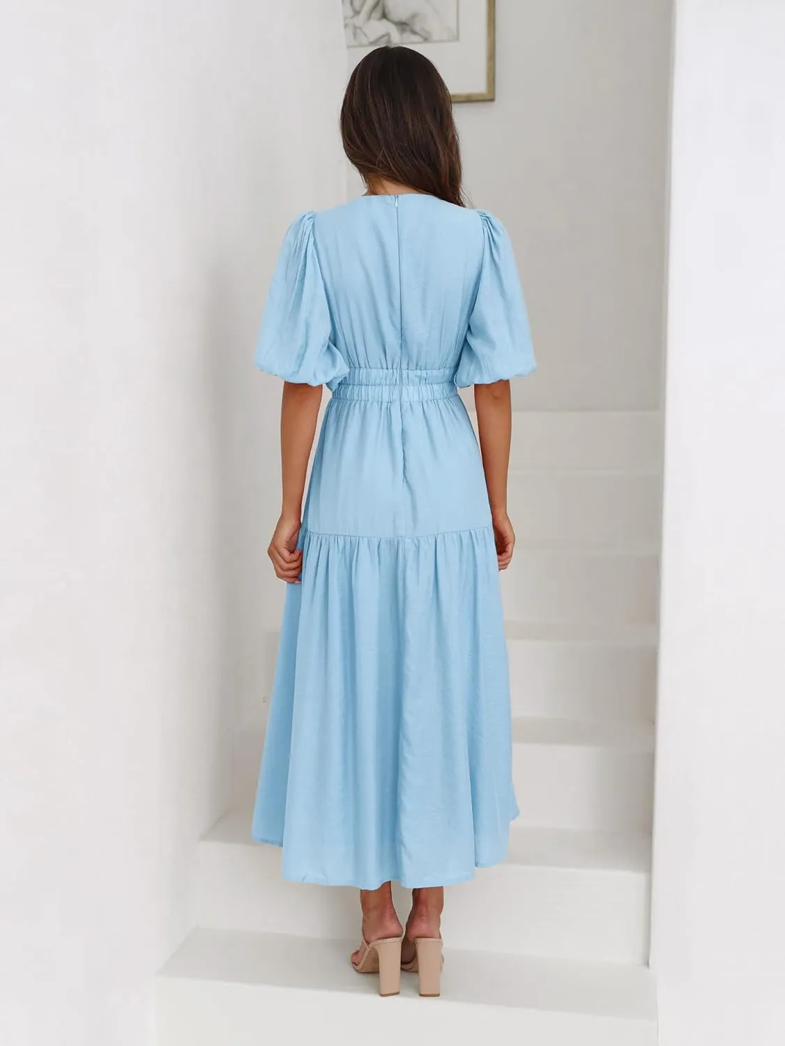 Women's Deep V-Neck Puff Short Sleeve Tiered Maxi Dress Flowy A Line Midi Dresses