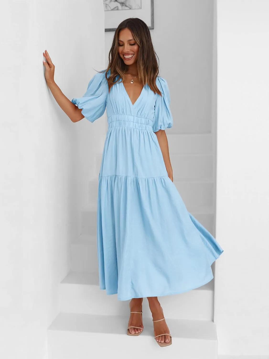 Women's Deep V-Neck Puff Short Sleeve Tiered Maxi Dress Flowy A Line Midi Dresses