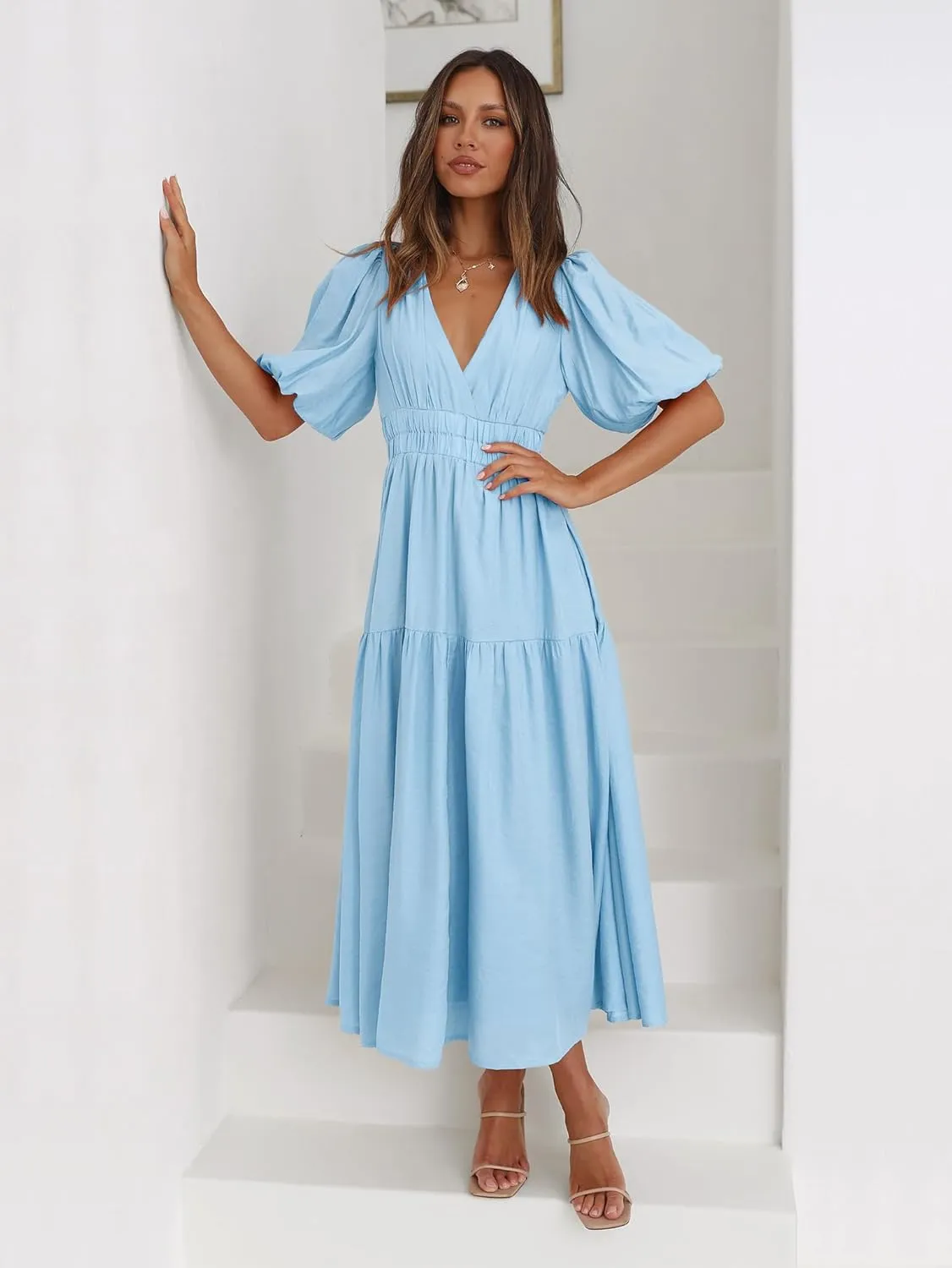 Women's Deep V-Neck Puff Short Sleeve Tiered Maxi Dress Flowy A Line Midi Dresses