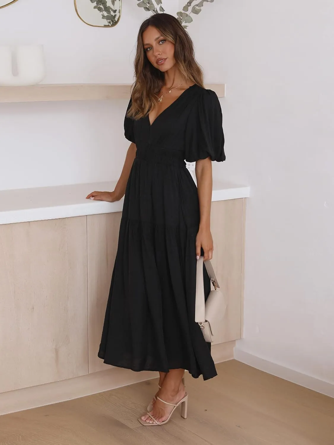 Women's Deep V-Neck Puff Short Sleeve Tiered Maxi Dress Flowy A Line Midi Dresses