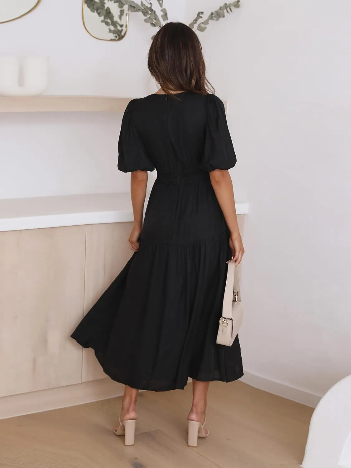Women's Deep V-Neck Puff Short Sleeve Tiered Maxi Dress Flowy A Line Midi Dresses