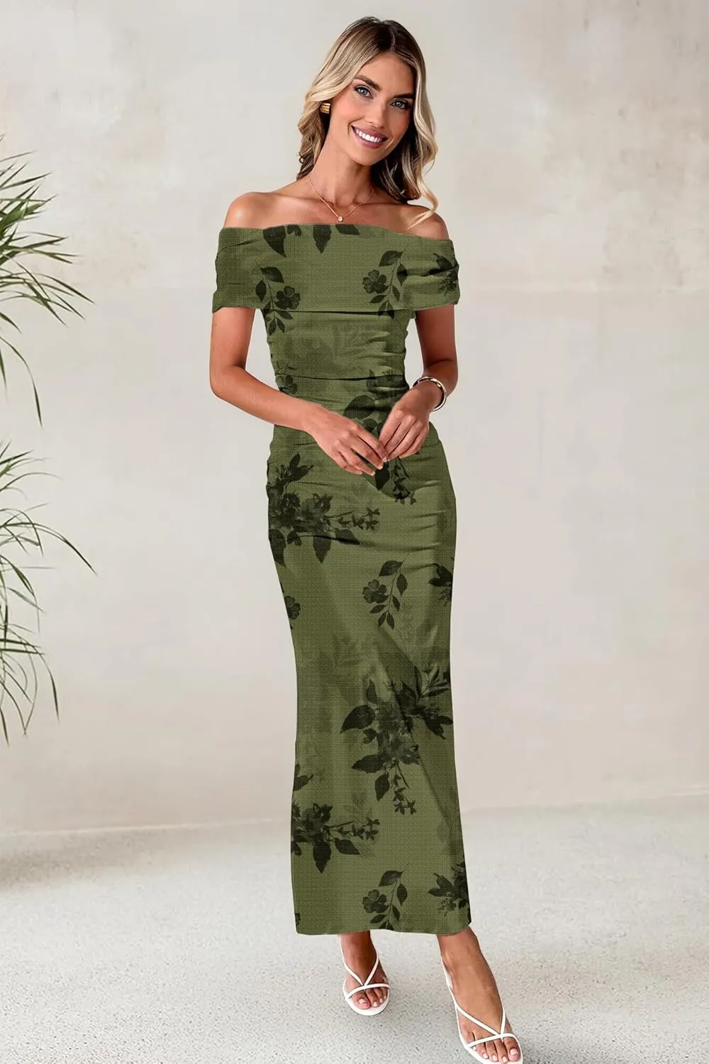 Women's Mesh Floral Maxi Dress 2025 Summer Off The Shoulder Ruched Bodycon Long Cocktail Party Fitted Dresses