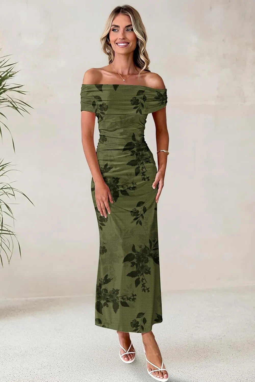 Women's Mesh Floral Maxi Dress 2025 Summer Off The Shoulder Ruched Bodycon Long Cocktail Party Fitted Dresses
