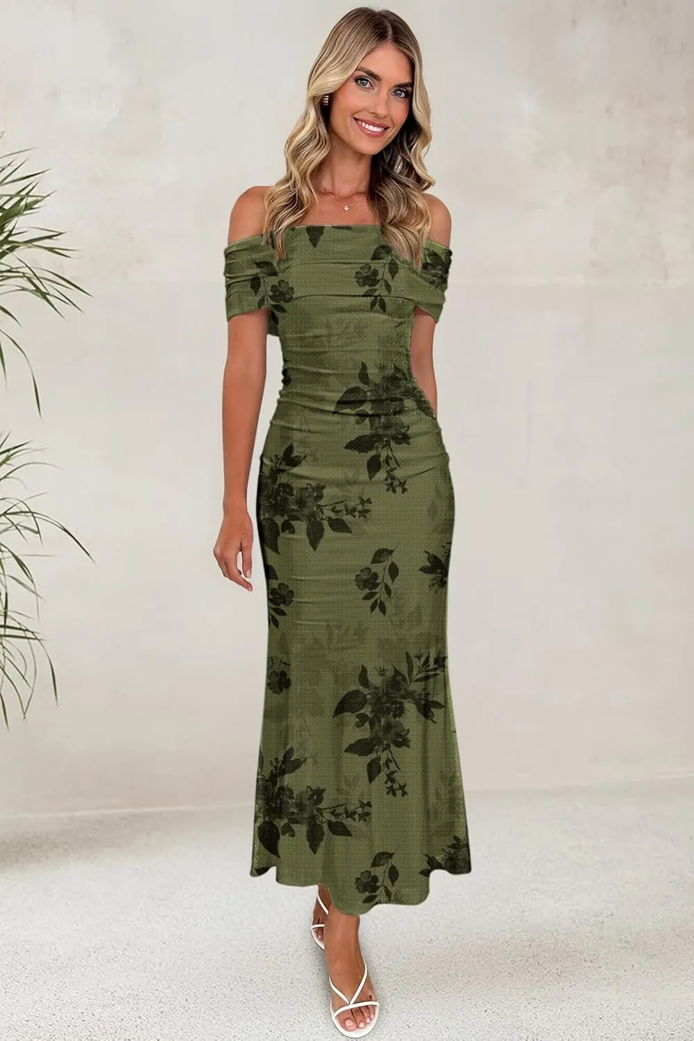 Women's Mesh Floral Maxi Dress 2025 Summer Off The Shoulder Ruched Bodycon Long Cocktail Party Fitted Dresses