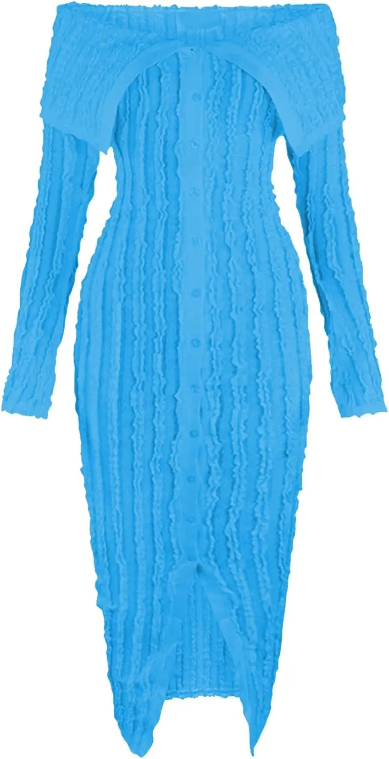 Women's Sexy Off Shoulder Dress 2024 Elegant Long Sleeve Button Down Split Ruffle Bodycon Midi Dresses Clubwear