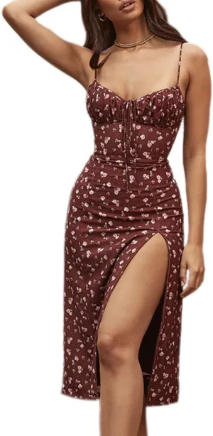 Womens Sexy Spaghetti Strap Lace Up V Neck Split Floral Midi Summer Dress Ruched High Slit Long Sun Dress