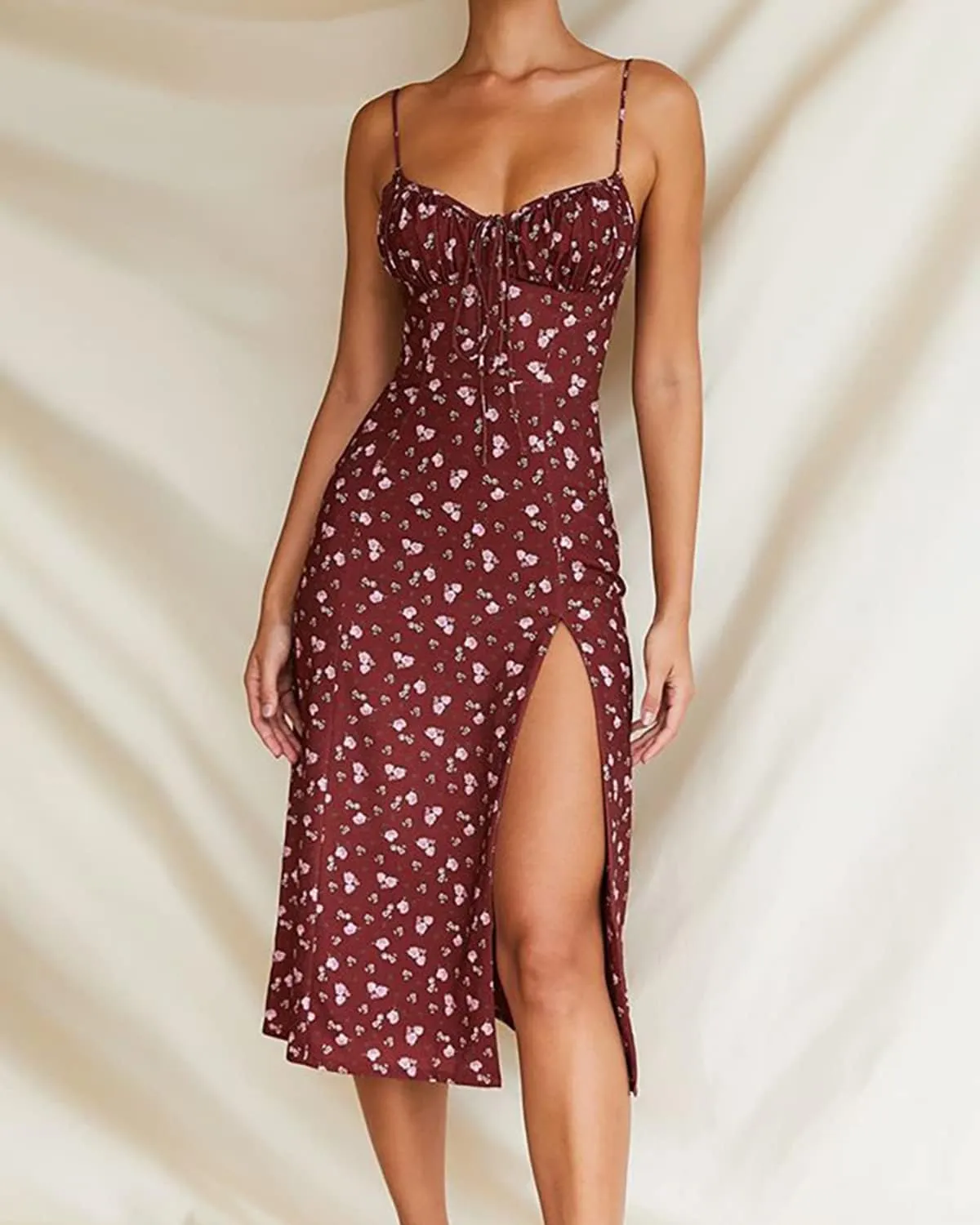 Womens Sexy Spaghetti Strap Lace Up V Neck Split Floral Midi Summer Dress Ruched High Slit Long Sun Dress