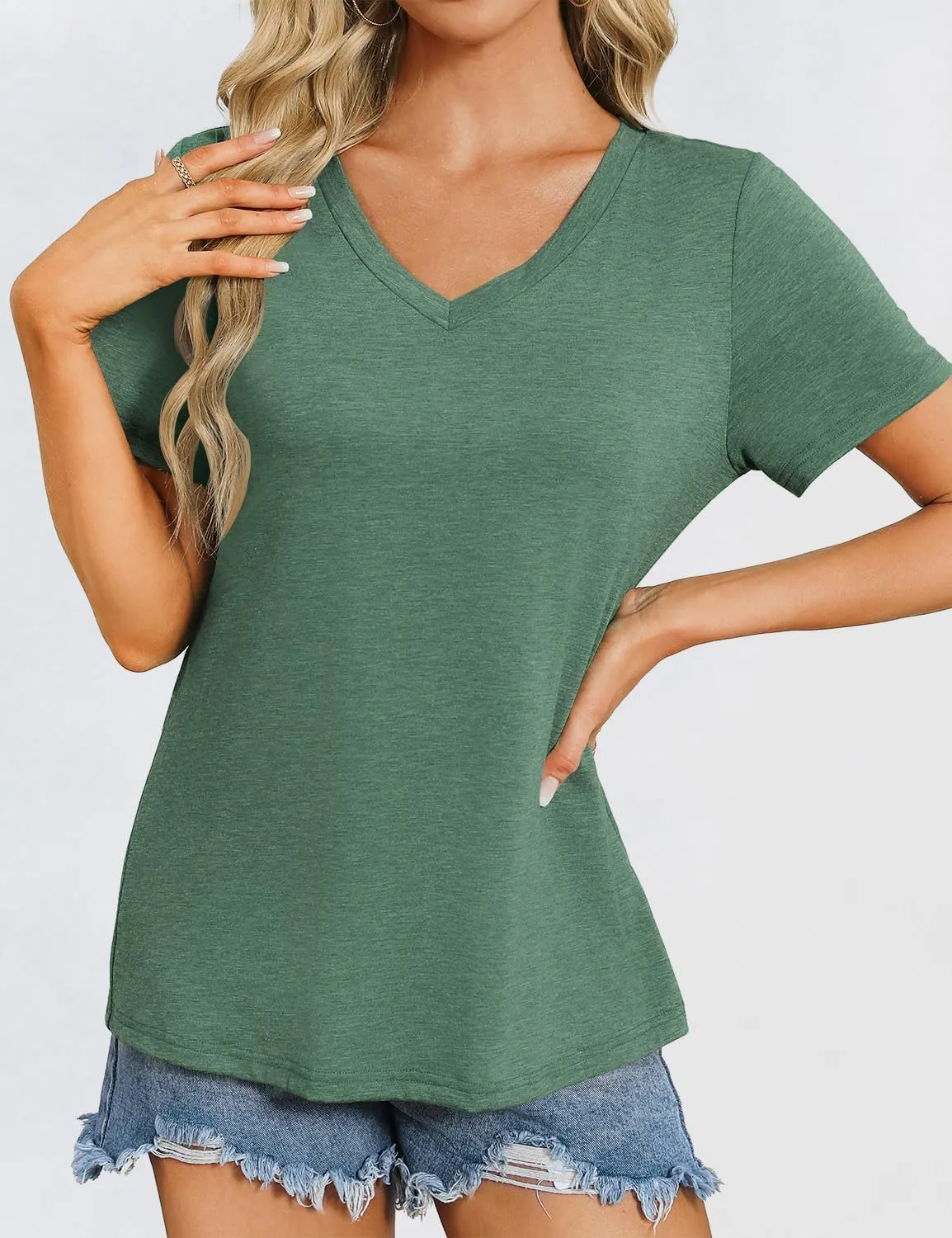 Womens Short Sleeve T Shirts V Neck Tops Summer Trendy Comfy Casual Basic Tee Shirt