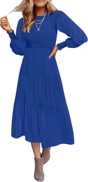 ZESICA Women's Casual Long Sleeve Crew Neck High Waist Smocked Flowy Tiered Midi Dress