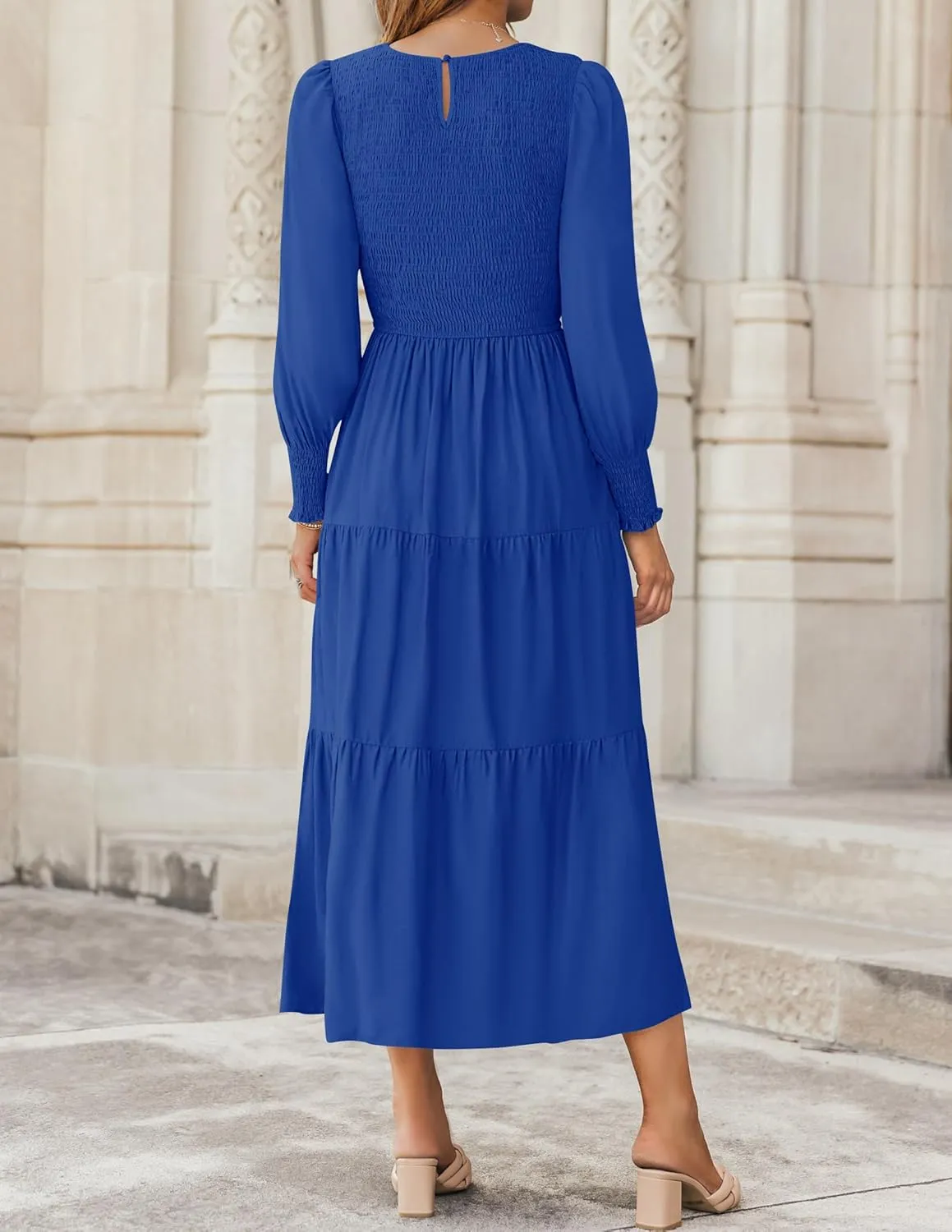 ZESICA Women's Casual Long Sleeve Crew Neck High Waist Smocked Flowy Tiered Midi Dress