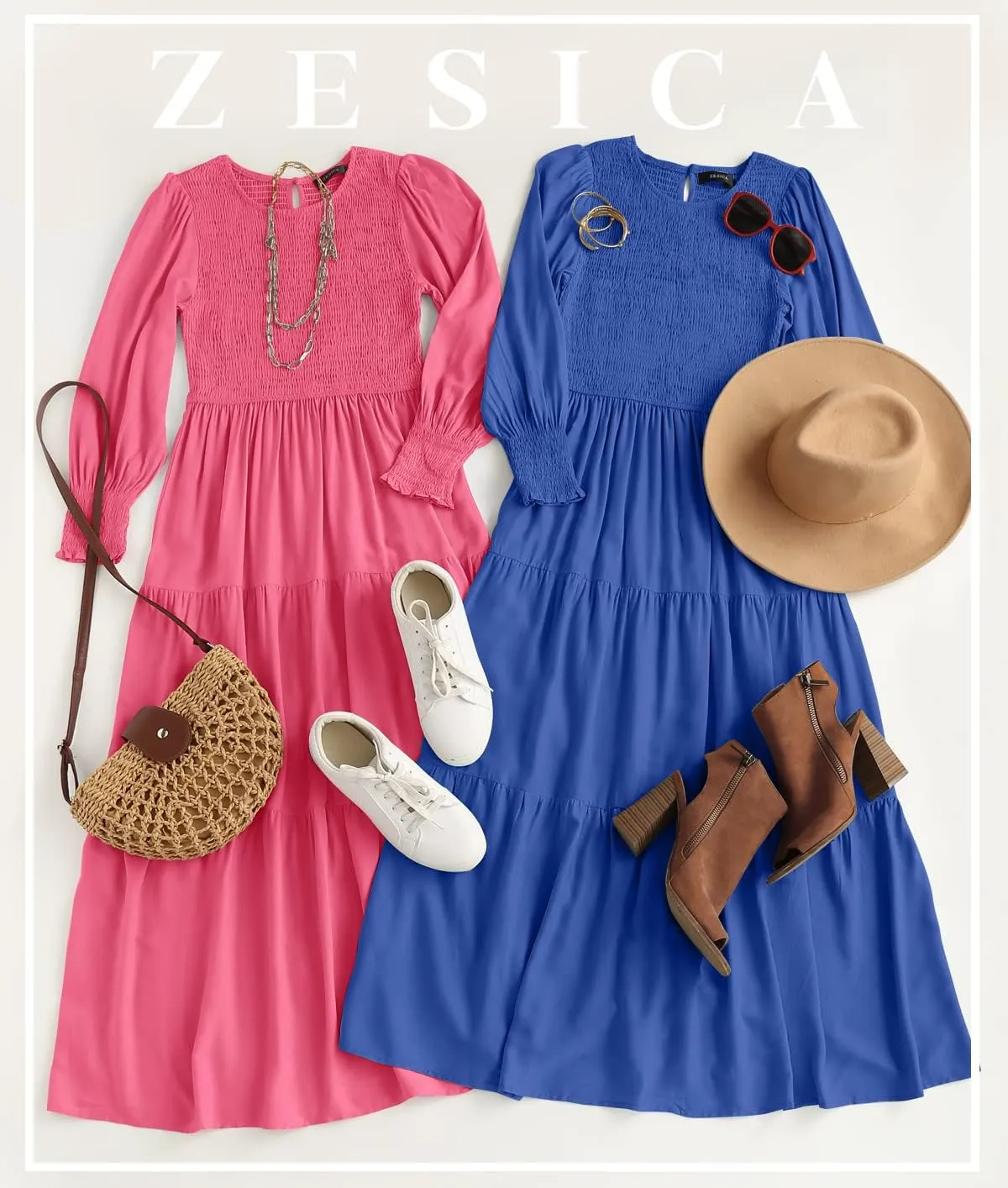 ZESICA Women's Casual Long Sleeve Crew Neck High Waist Smocked Flowy Tiered Midi Dress