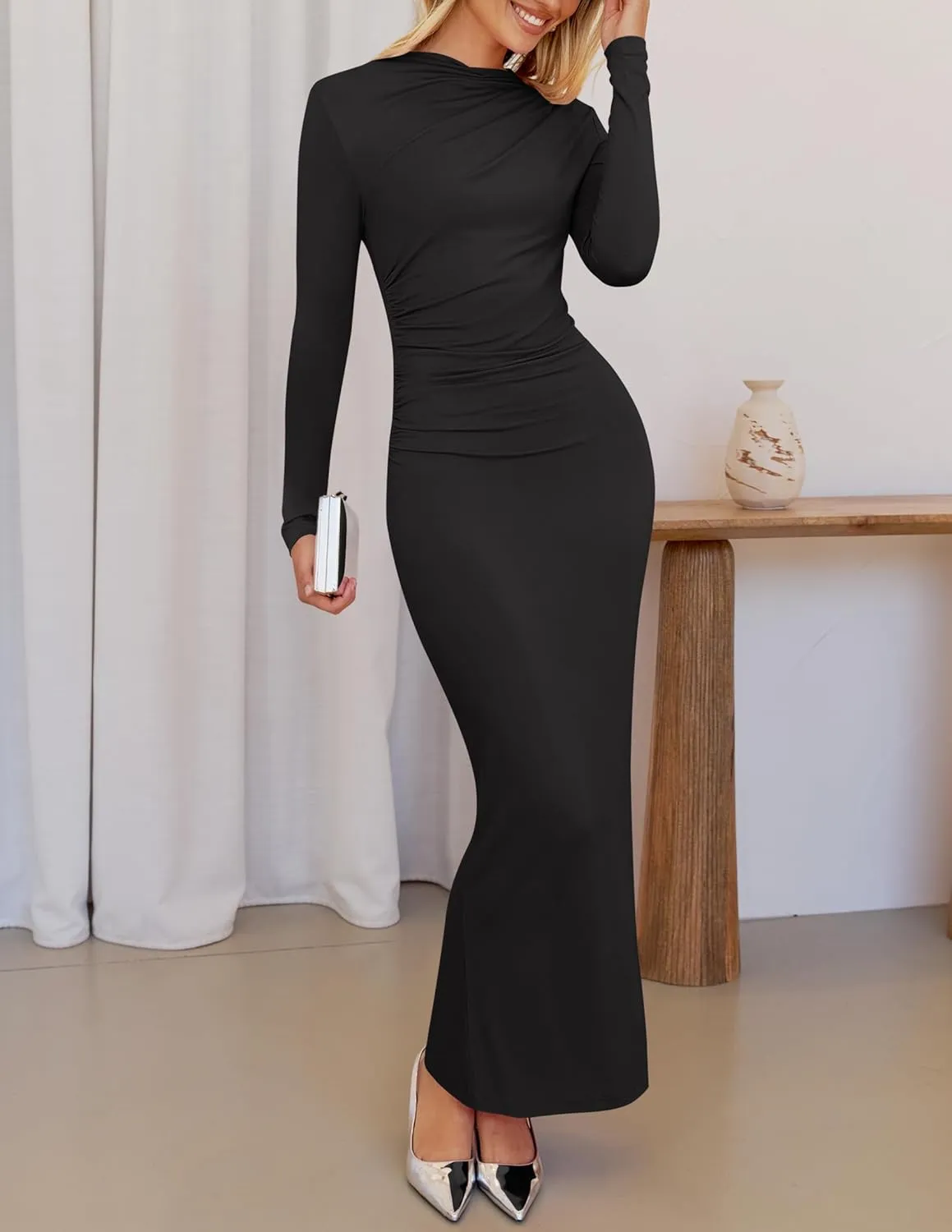 ZESICA Women's Spring Long Sleeve Bodycon Maxi Dresses Sexy Ruched Crew Neck Slim Fit Cocktail Party Dress