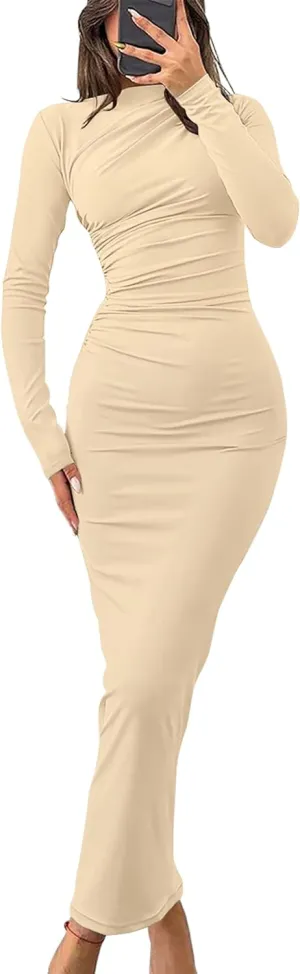 ZESICA Women's Spring Long Sleeve Bodycon Maxi Dresses Sexy Ruched Crew Neck Slim Fit Cocktail Party Dress