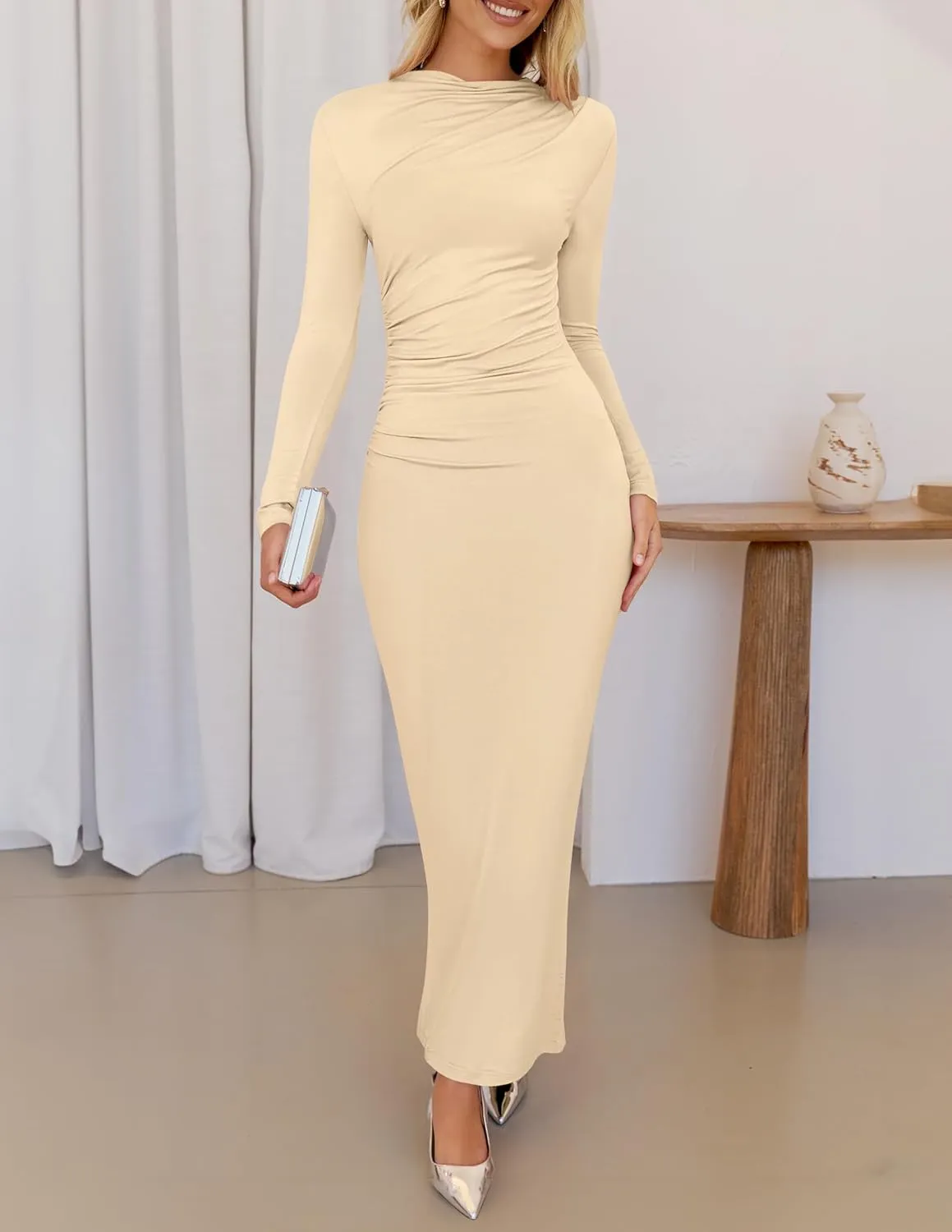 ZESICA Women's Spring Long Sleeve Bodycon Maxi Dresses Sexy Ruched Crew Neck Slim Fit Cocktail Party Dress