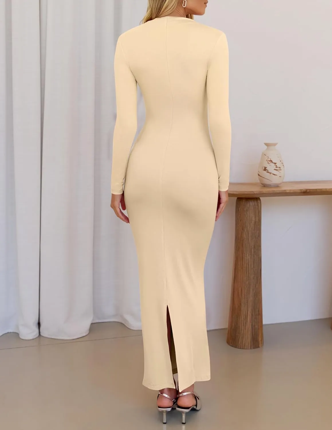 ZESICA Women's Spring Long Sleeve Bodycon Maxi Dresses Sexy Ruched Crew Neck Slim Fit Cocktail Party Dress