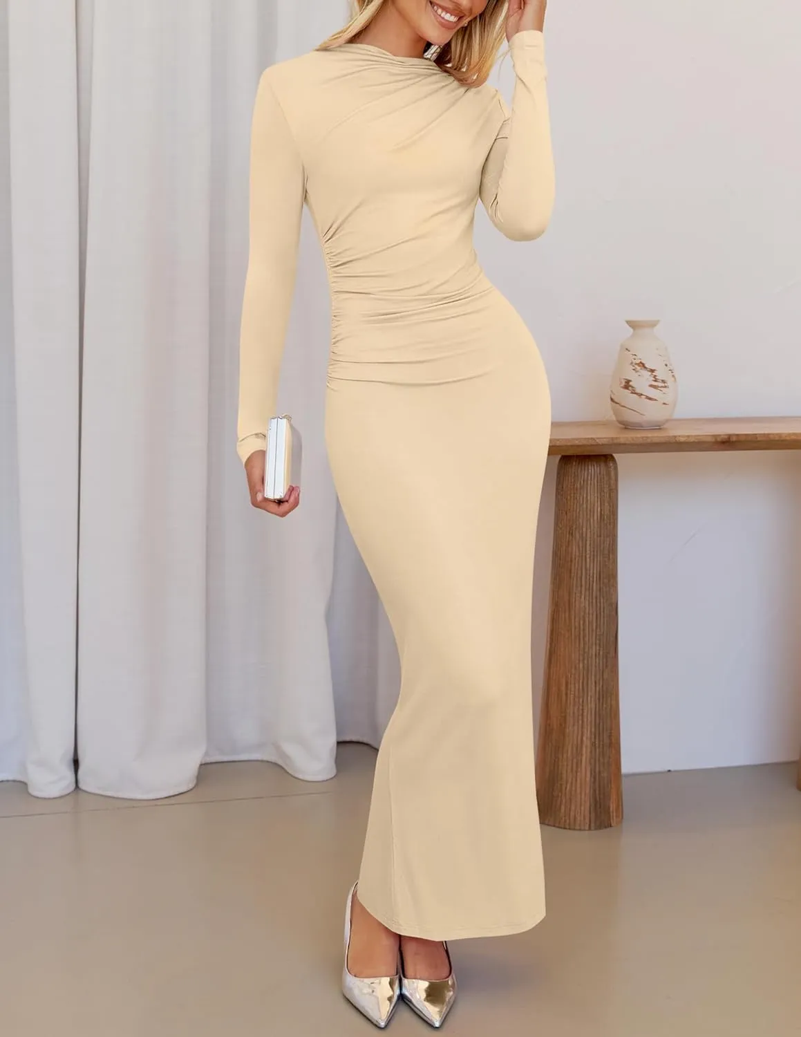 ZESICA Women's Spring Long Sleeve Bodycon Maxi Dresses Sexy Ruched Crew Neck Slim Fit Cocktail Party Dress