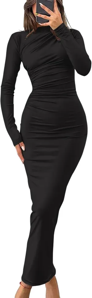 ZESICA Women's Spring Long Sleeve Bodycon Maxi Dresses Sexy Ruched Crew Neck Slim Fit Cocktail Party Dress ZESICA Women's Spring Long Sleeve Bodycon Maxi Dresses Sexy Ruched Crew Neck Slim Fit Cocktail Party Dress